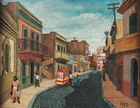 La imagen es de una pintura que muestra una calle llamada San Sebastián con varias casas de colores a lo largo de una calle y algunos transeúntes