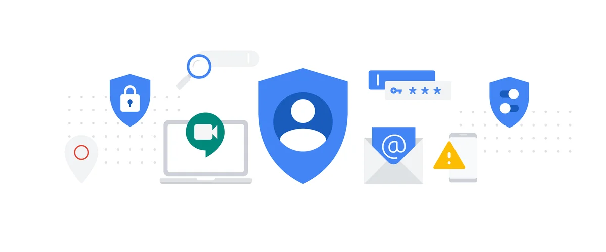 Images of Google products like Password Manager and Meet.