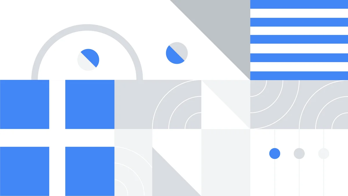 An abstract image representing the Greek flag using grey, white and blue circles, blocks, stripes and triangles.