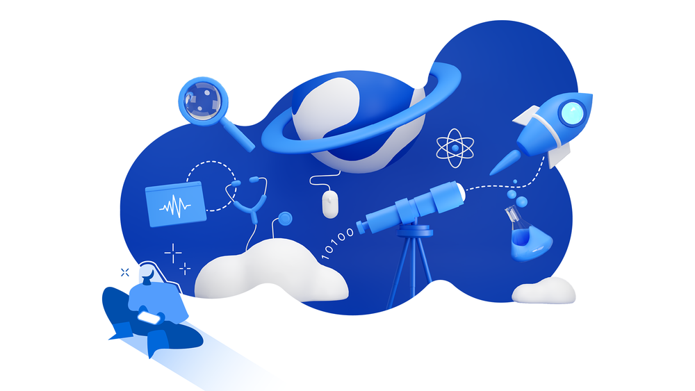 A blue illustration of a student with a mobile device and dream bubble above her head. In her “dream cloud” are planets, a telescope, a computer mouse and a beaker.