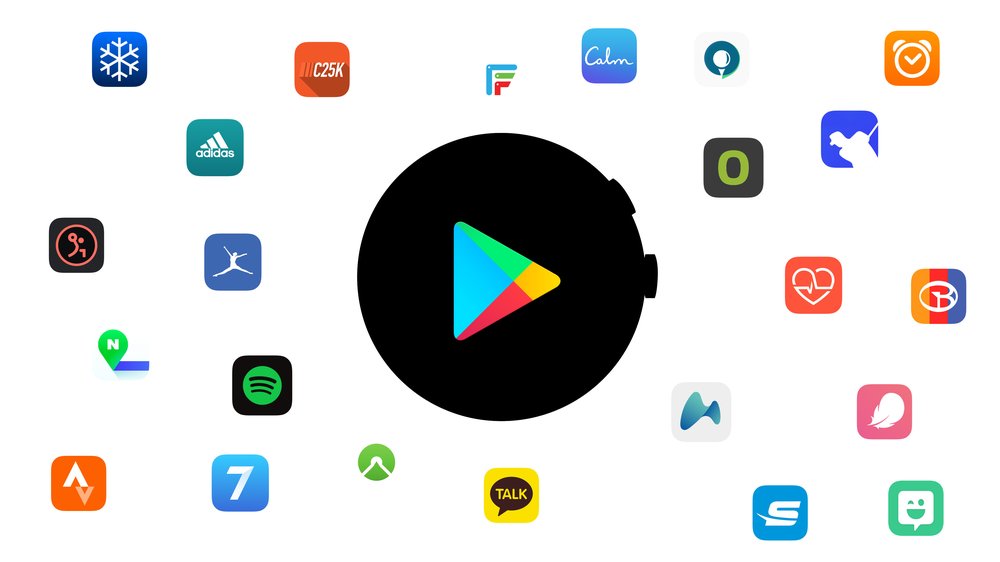 Los logotipos de aplicaciones rodean un logotipo de Google Play colocado en un marco de reloj.