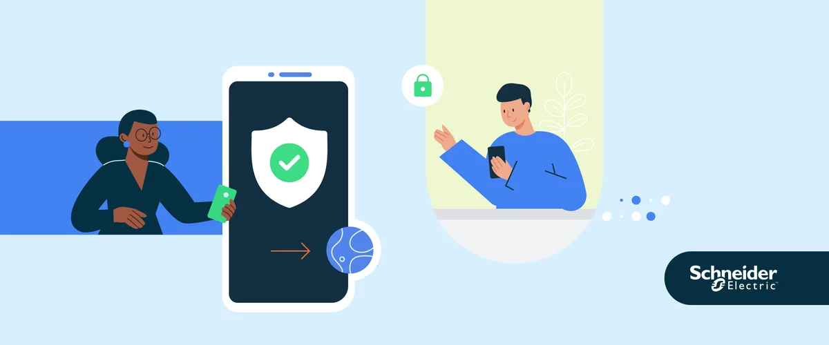 Hero image with two cartoon people using two phone devices. Security badge signifies security on the phone. Schneider Electric logo is located in the bottom right corner.
