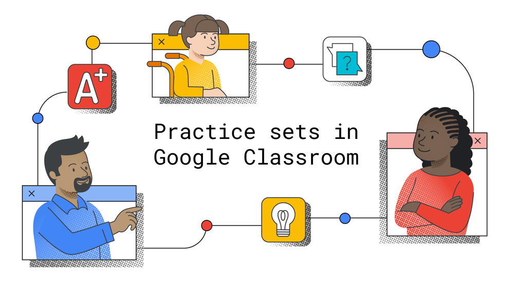 YouTube video describing practice sets tool, with colorful imagery of students and teachers.