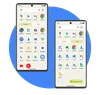 Two Android devices float against a blue circle in the background. One phone screen shows a personal profile with various Google apps, the other shows a work profile with other apps.