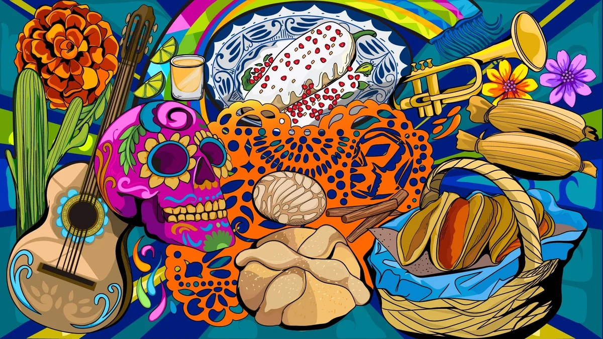 An illustration featuring a skull, a guitar, a cactus and various foods