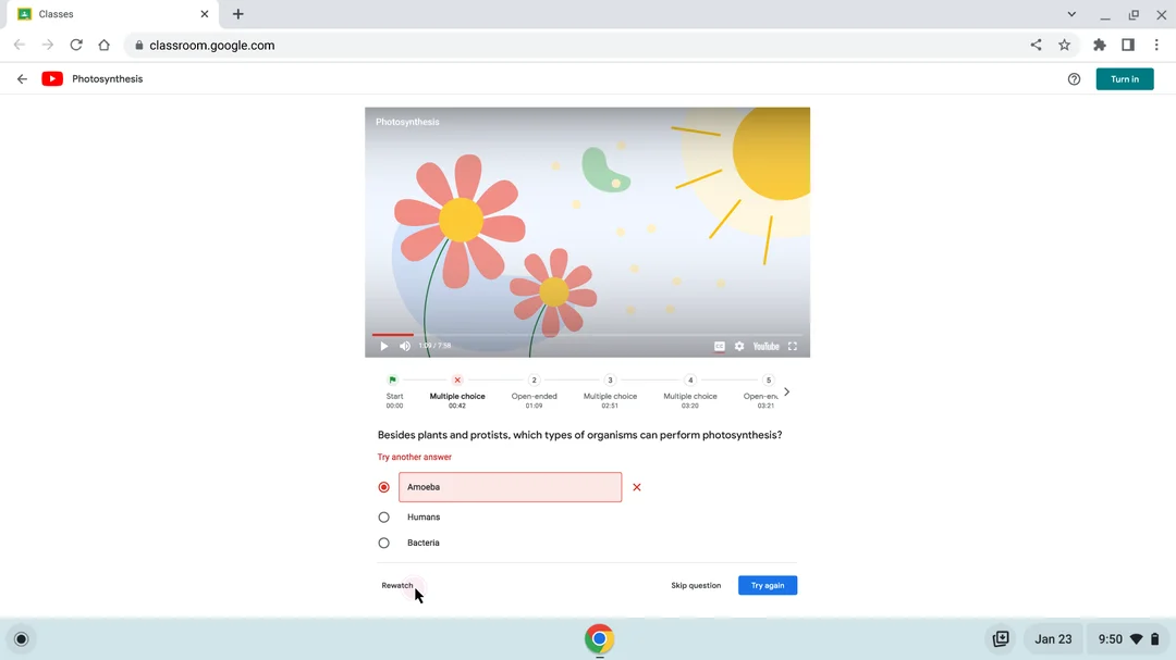 A YouTube video depicting illustrated flowers and the sun has a multiple-choice question underneath it. A student has selected “Amoeba,” which is an incorrect answer.