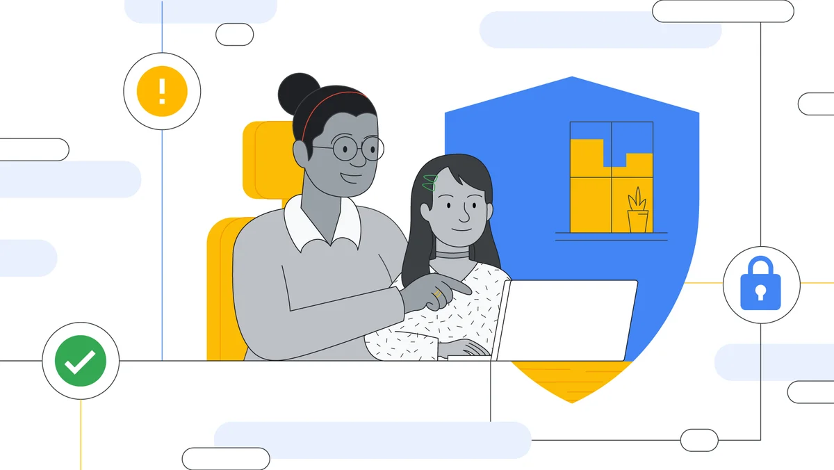 Woman sits with daughter pointing to Chromebook, with circles surrounding holding icons representing privacy and security