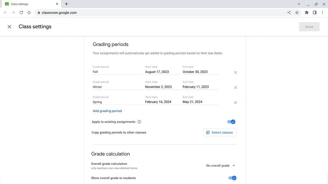 A web page titled “Grading periods” under “Class settings” shows grade periods organized by different start and end dates.