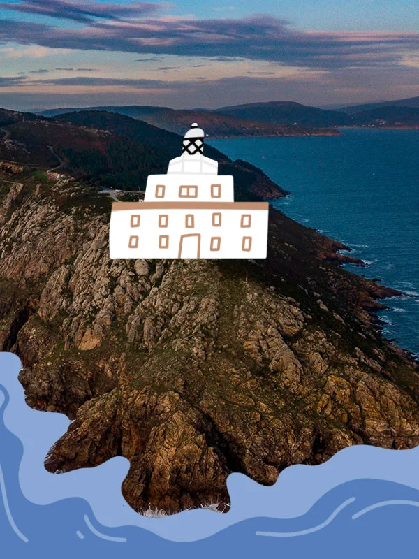 Aerial image of a cape entering the sea. A lighthouse has been drawn on top of the rock.