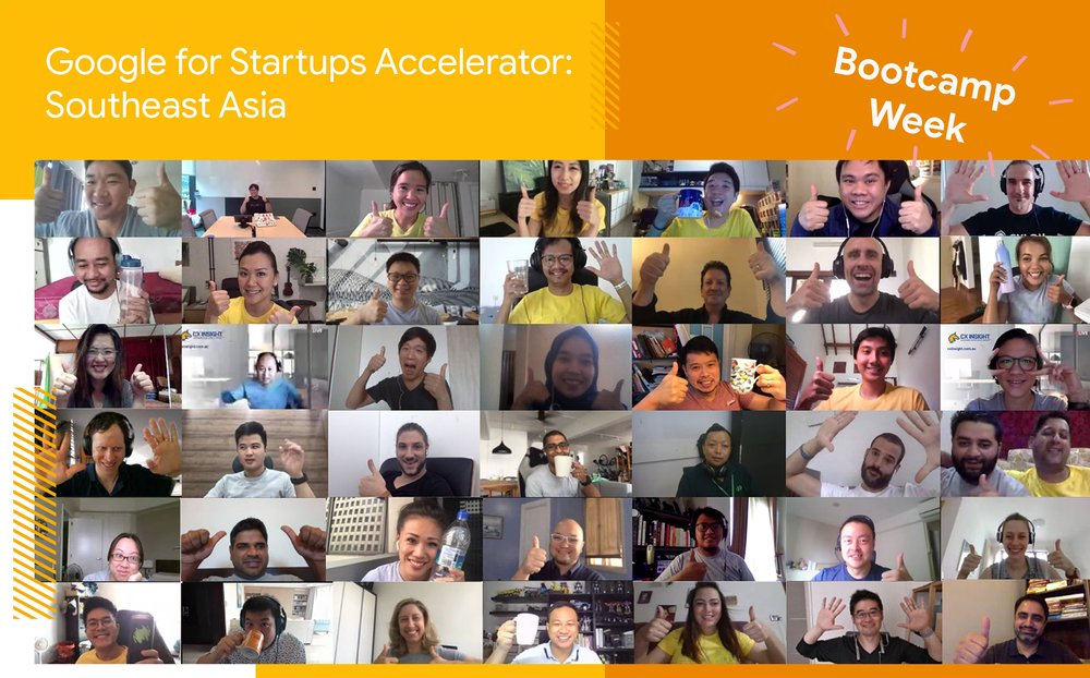 A screenshot of a Google Meet call with participants in the first Google for Startups accelerator in Southeast Asia. They’re facing the camera, smiling and giving a thumbs up symbol. The text above the screenshot reads: “Google for Startups Accelerator: Southeast Asia: Meet our inaugural class”.