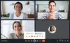 Screenshot of a Google Meet call with four callers’ tiled images on the screen. The bottom bar of the call shows the emoji option selected, with another bar pulled up showing the various emoji options — thumbs-up, clapping, heart, laughing, surprised, thumbs-down.