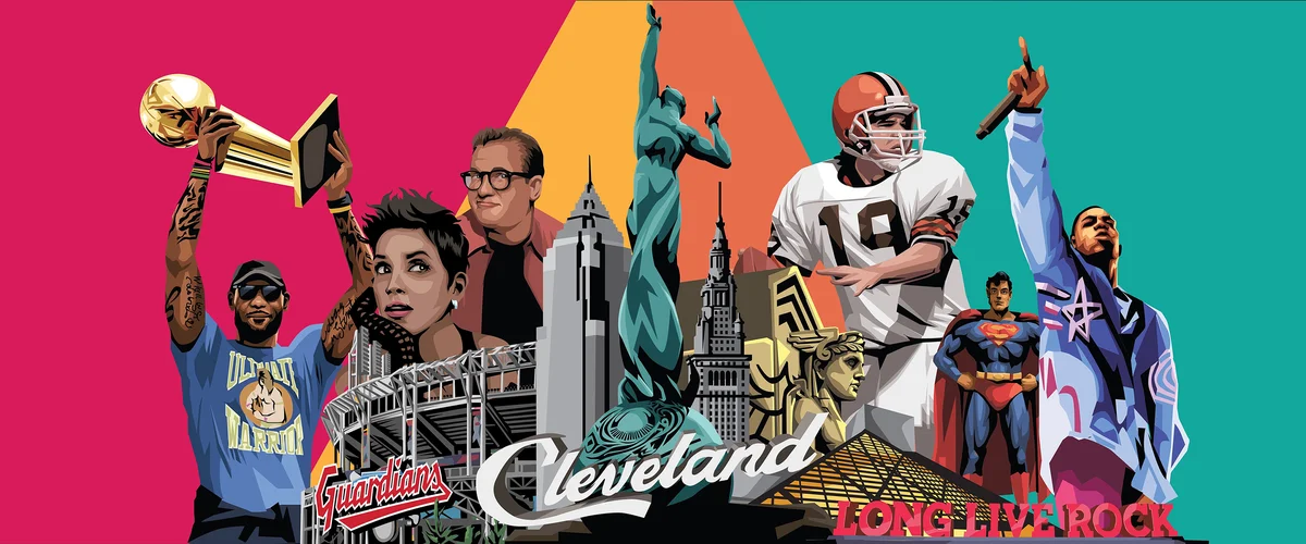 A painting of staples of Cleveland, from Lebron James and Drew Carey to the Rock N Roll Hall of Fame.