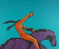 Painting of a person riding a purple horse