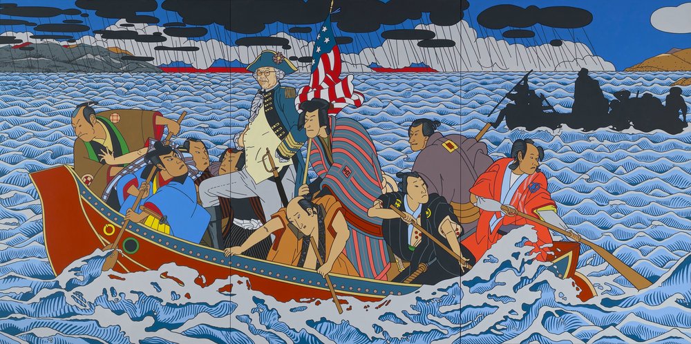  Shimomura presents himself in the guise of America’s Founding Father; he replaces George Washington’s colonial troops with samurai warriors; and he remakes the body of water they cross to resemble San Francisco Harbor with Angel Island