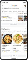 Phone showing a search for mac and cheese using Google’s new dish searching feature.