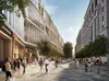 A computer generated image showing the ground floor of Google’s new building on King’s Boulevard, with a mix of retail and office spaces, several people are pictured in the foreground.