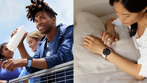 Zwei Fotos, die einen Mann zeigen, der eine Pixel Watch 2 mit einem Armband in der Farbe Bay trägt und der eine Wasserflasche in der anderen Hand hält (links); daneben ist eine Frau zu sehen, die im Bett liegend ihren Schlafindex auf ihrer Pixel Watch 2 mit einem Armband in der Farbe Porcelain checkt.