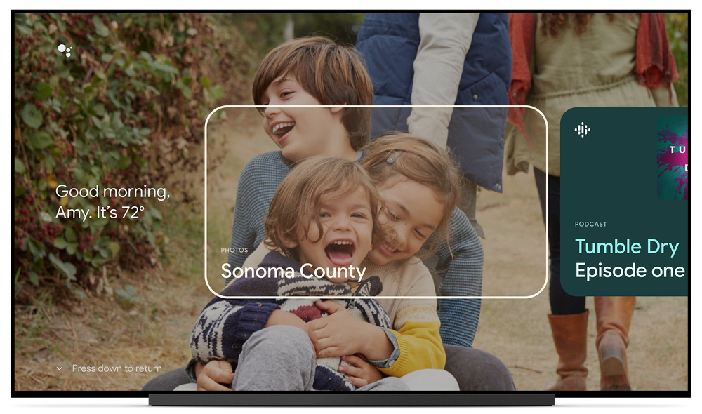 TV screen showing a photo of three kids as the background, with a rectangle square overlay naming the location.