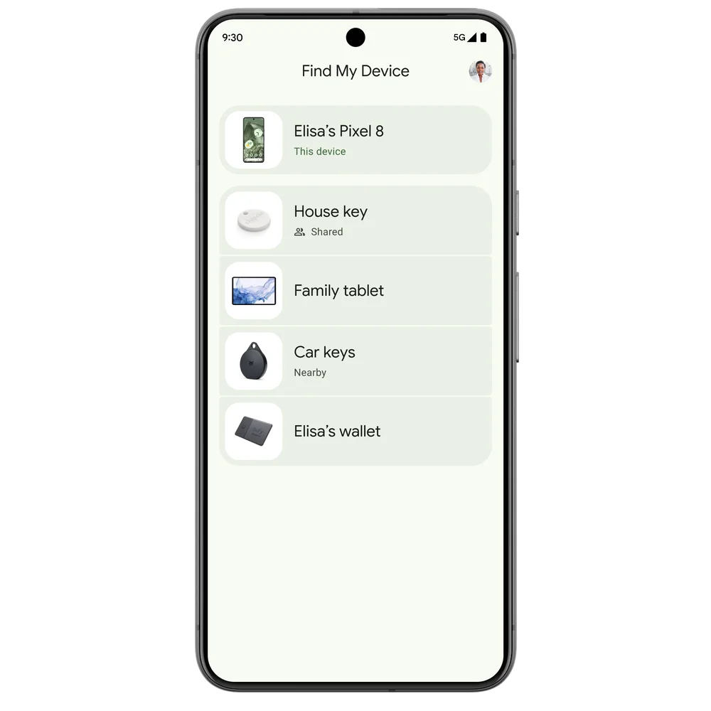 A phone screen shows the Find My Device user interface with a list of devices, including a Pixel 8, house key and family tablet.
