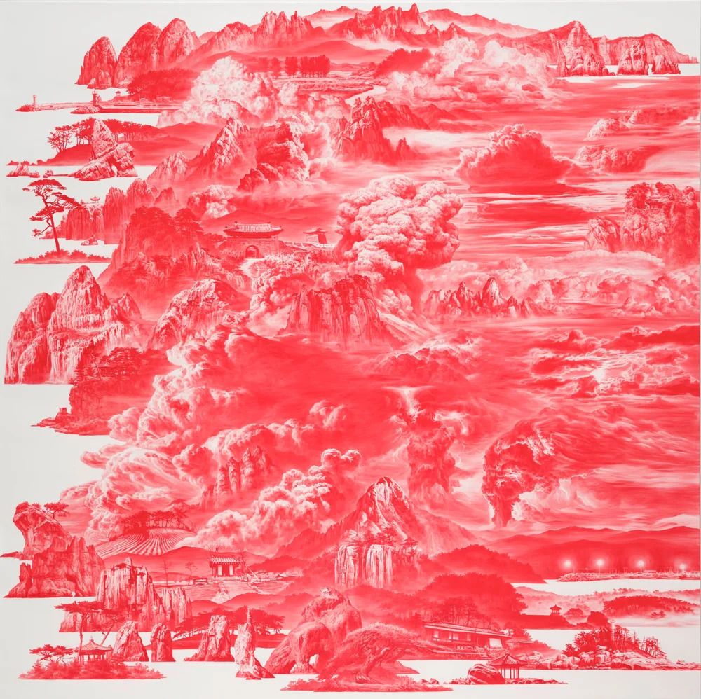 A red and white abstract painting of clouds, mountains, crags, and structures.