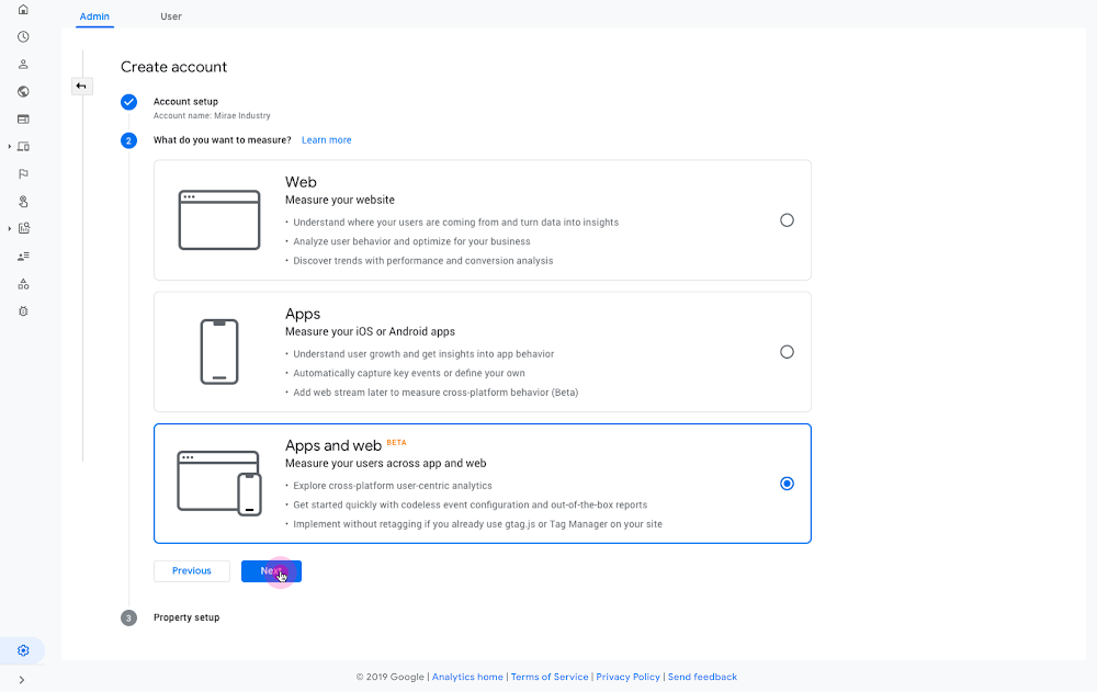 Nouvelle propriété App + Web dans Google Analytics