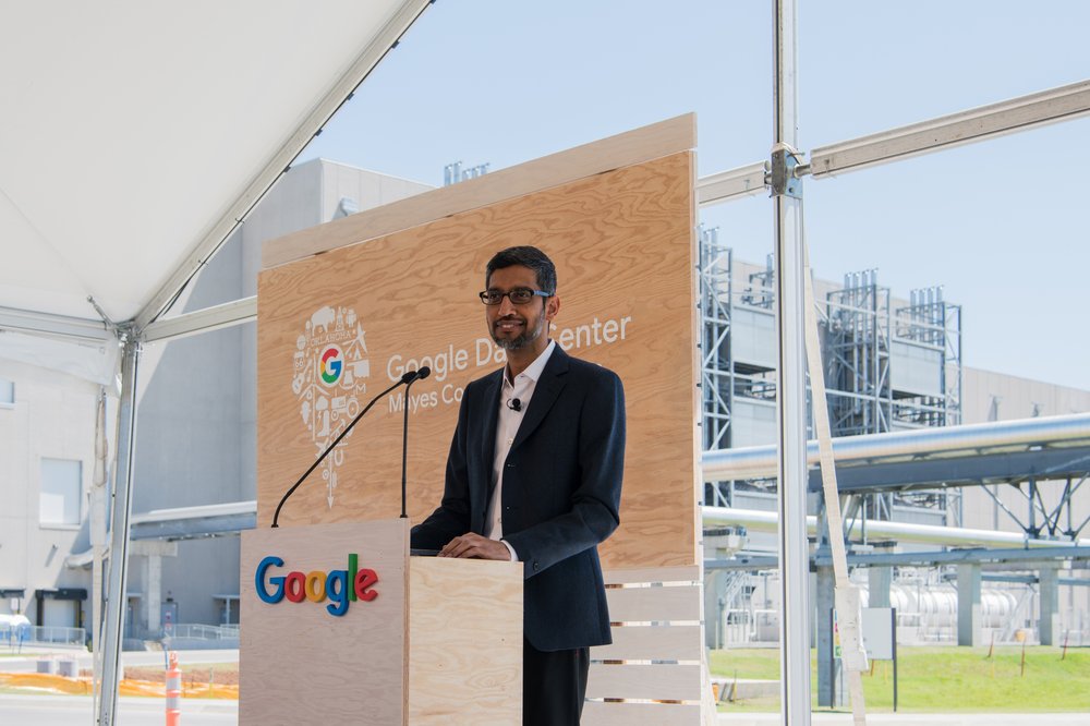 Sundar Pichai speaking at Google's Mayes County, Okla., data center expansion event.