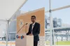 Sundar Pichai speaking at Google’s Mayes County, Okla., data center expansion event.