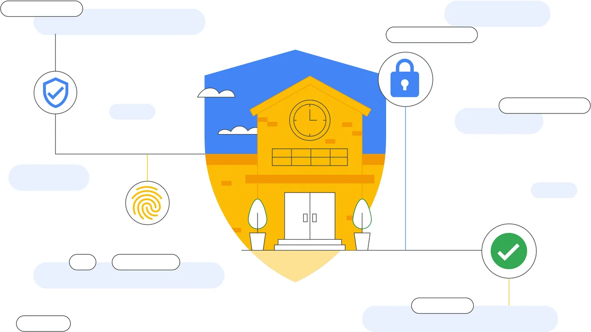 Image of a privacy shield with a school in the middle with icons representing privacy and security floating around