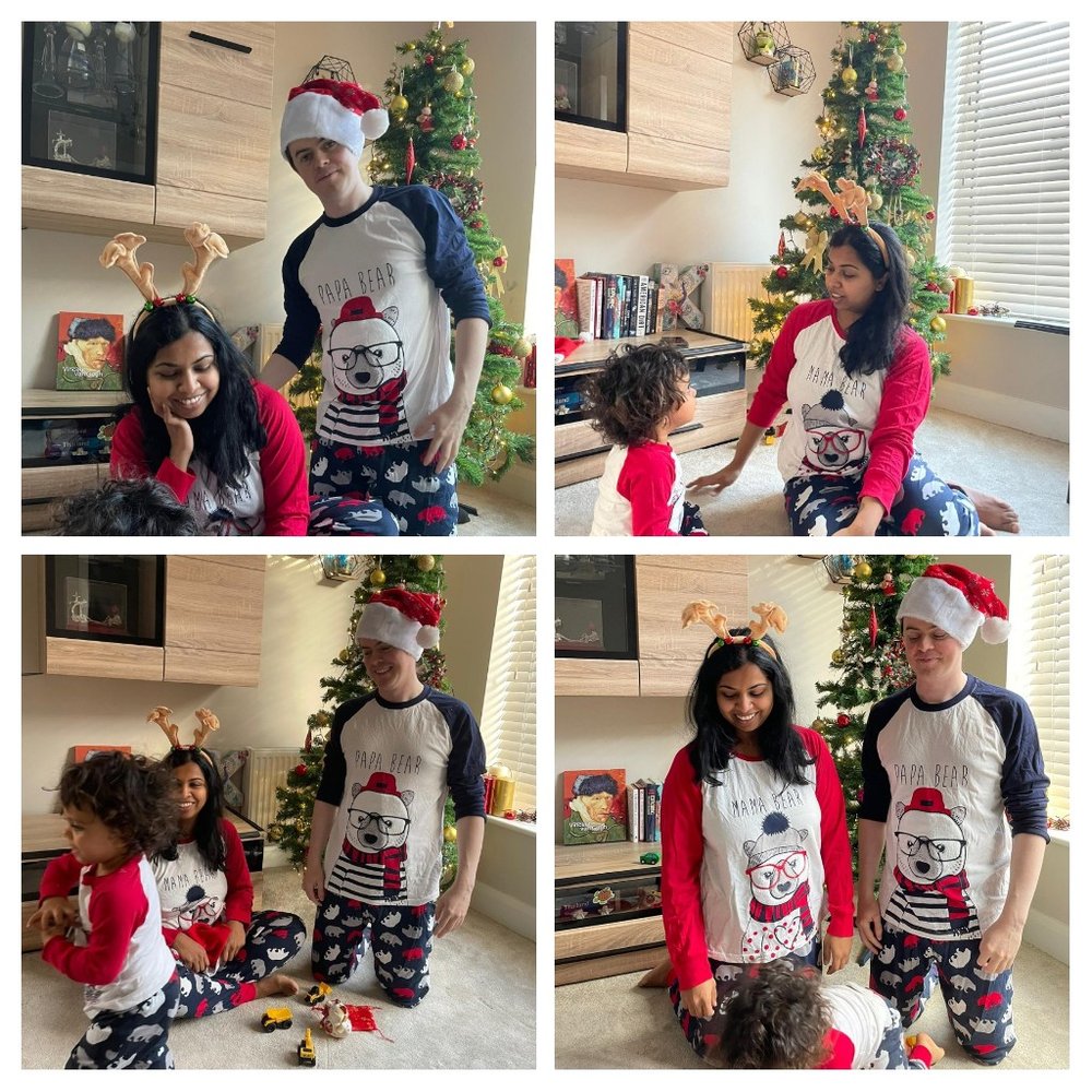 Set of four photos of Krithika, her husband, and their toddler posing indoors in front of a Christmas tree. The family wear matching pajamas that read, “Mama bear,” and “Papa Bear.”