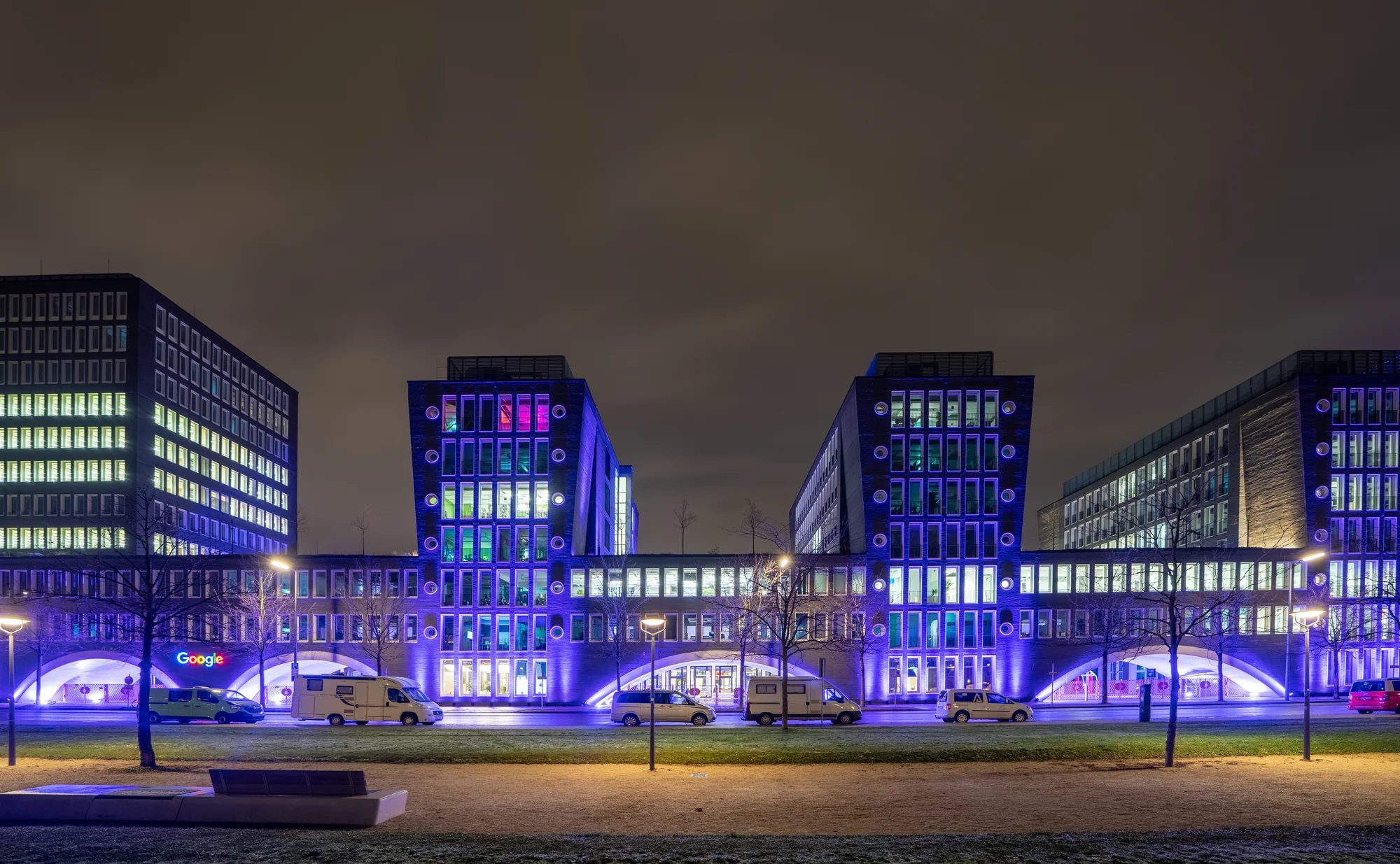 Building front of Google office in Munich, highlighted in purple to celebrate #PurpleLightUp