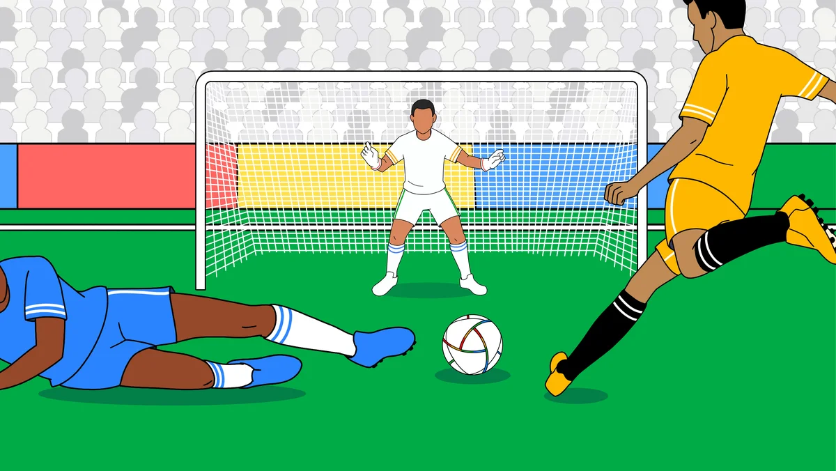 An illustration of a soccer game. There are three players on the filed, one is on the ground, one is kicking the ball and the third is the goalie.