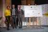 Afaf Gabelotaud, Emmanuel Grégoire et Sébastien Missoffe sur scène aux côtés du Pacte pour la formation et l’emploi signé par Google le 29 novembre 2023 à l’Hôtel de Ville de Paris