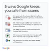 image 5 ways Google keeps people safe from scams with icons of Gmail, Chrome browser,  Google Play Protect, and Passkeys.