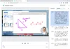 A laptop screen showing a lesson titled “Pythagorean Theorem” and a teacher’s video feed in the bottom right corner. A Japanese transcript of the lesson is shown to the right of the video player.