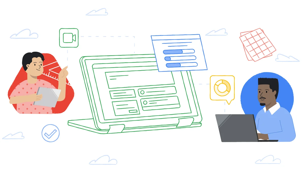 Illustration of a teacher gesturing toward a laptop. Various illustrations pop out of the laptop, including a graph and a check mark.