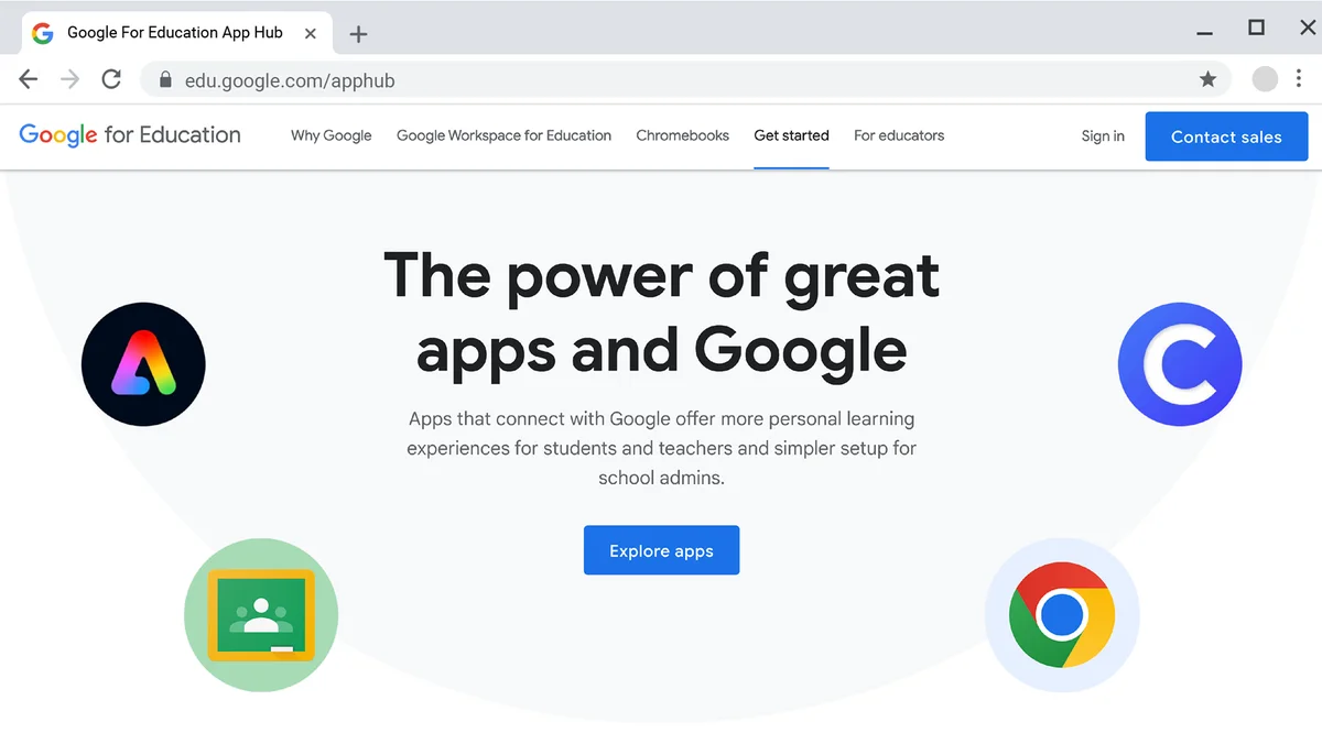 Image of the Google for Education App Hub website, with app icons swirling around text that reads “The power of great apps and Google”