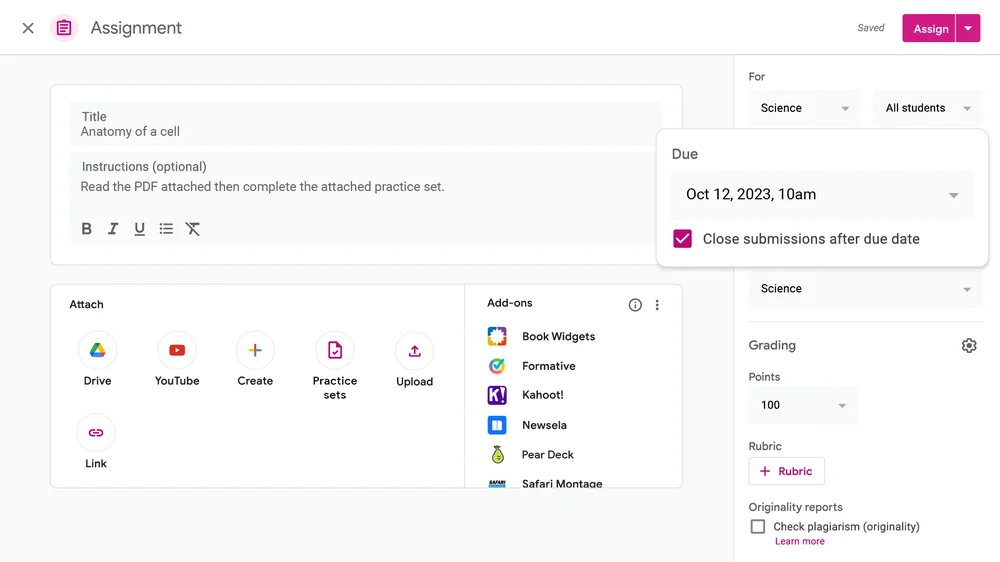 Google Classroom'dan bir son tarih seçme ve ”son tarihten sonra gönderimleri kapat”ı seçme ekranı