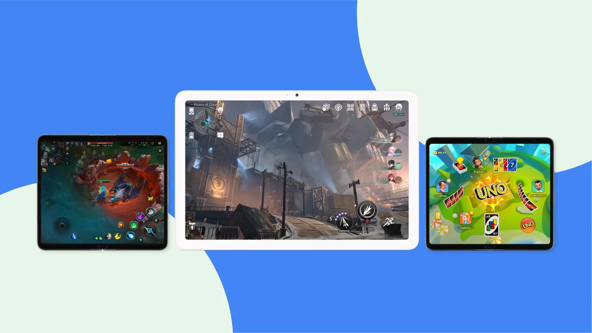 A collage of Android tablets and foldable phones with games open on the devices.