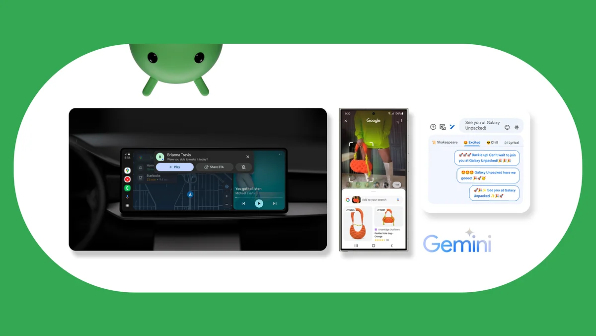 Eine Sammlung von Produktbildern, die Android Auto, Circle to Search, Magic Compose sowie das Gemini-Logo und einen auf dem Kopf stehenden grünen Bugdroid zeigen.