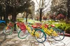 Ein Foto von sieben GBikes, die nebeneinander auf einem Google-Campus geparkt sind.