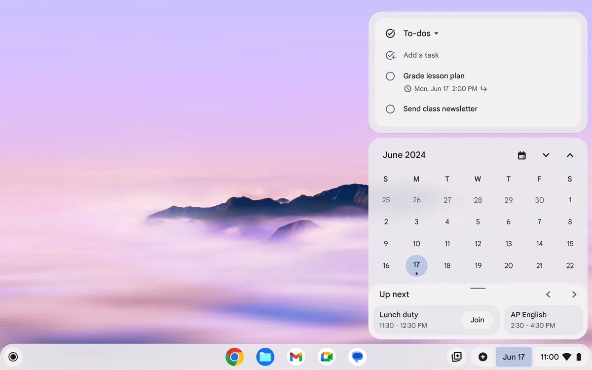 The image shows a Chromebook with the Google Tasks integration. Tasks can be created and edited and synced on the homescreen.