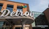 The entrance to Google’s Detroit office, with the word Detroit spelled out in big script and a Google G above it.