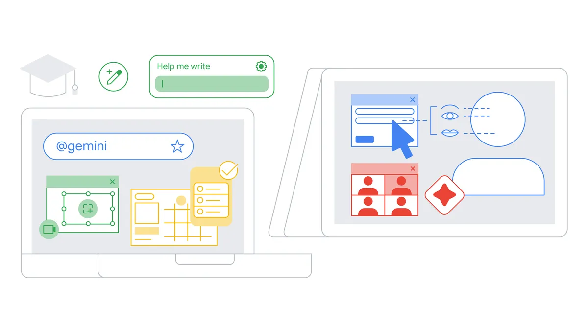 Abstract drawing of Chromebooks with images depicting Chromebook features for teachers