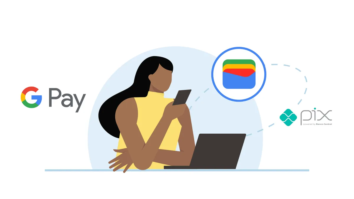 Arte com uma mulher negra de cabelos longos segurando um celular; ao fundo, os logos do Google Pay e da Carteira do Google