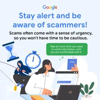 A graphic stating 'stay alert and be aware of scammers'