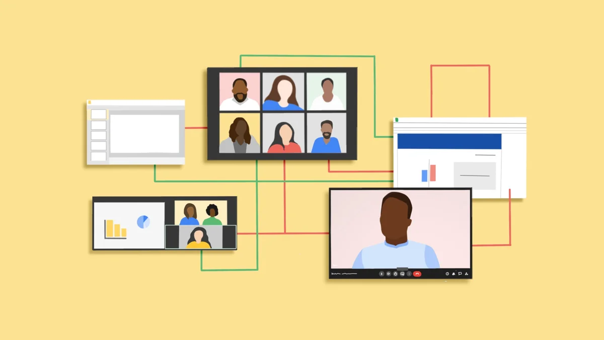 An illustration showing floating computer screens with various faces and presentations on video calls.