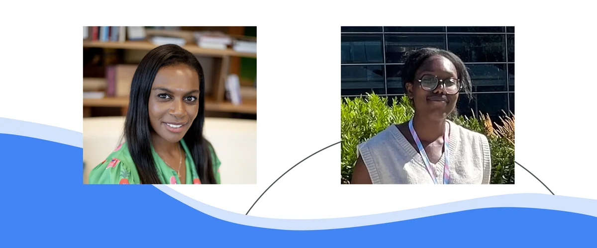 Headshots of Camille and Aurane against a white and blue background.