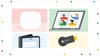 Image of a Google Pixel Fold, Chromebook, Google Nest Wifi and Chromecast device set against colorful backdrops that are red, green, blue and yellow.
