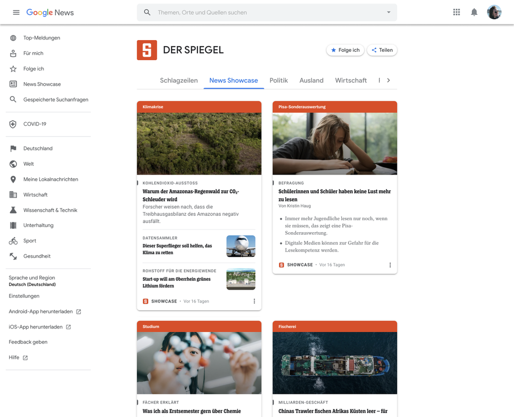 This image shows an example of how a News Showcase publishers’ landing page will look, in this example we're showing our partner Der Spiegel in Germany.