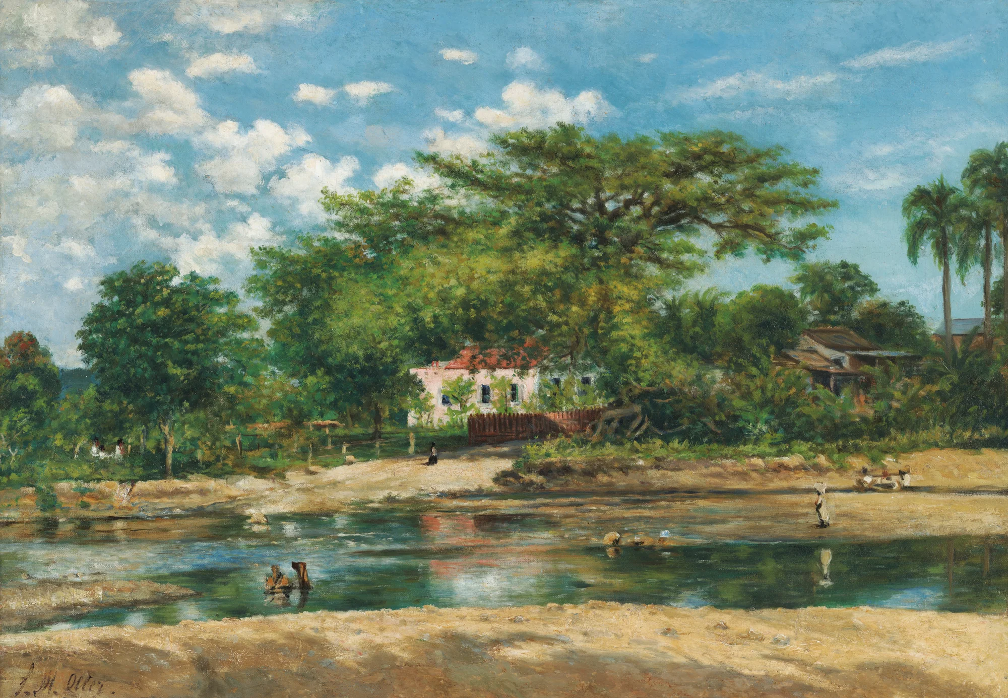 Painting of a landscape with a stream and a house in the background, all surrounded by trees and bushes